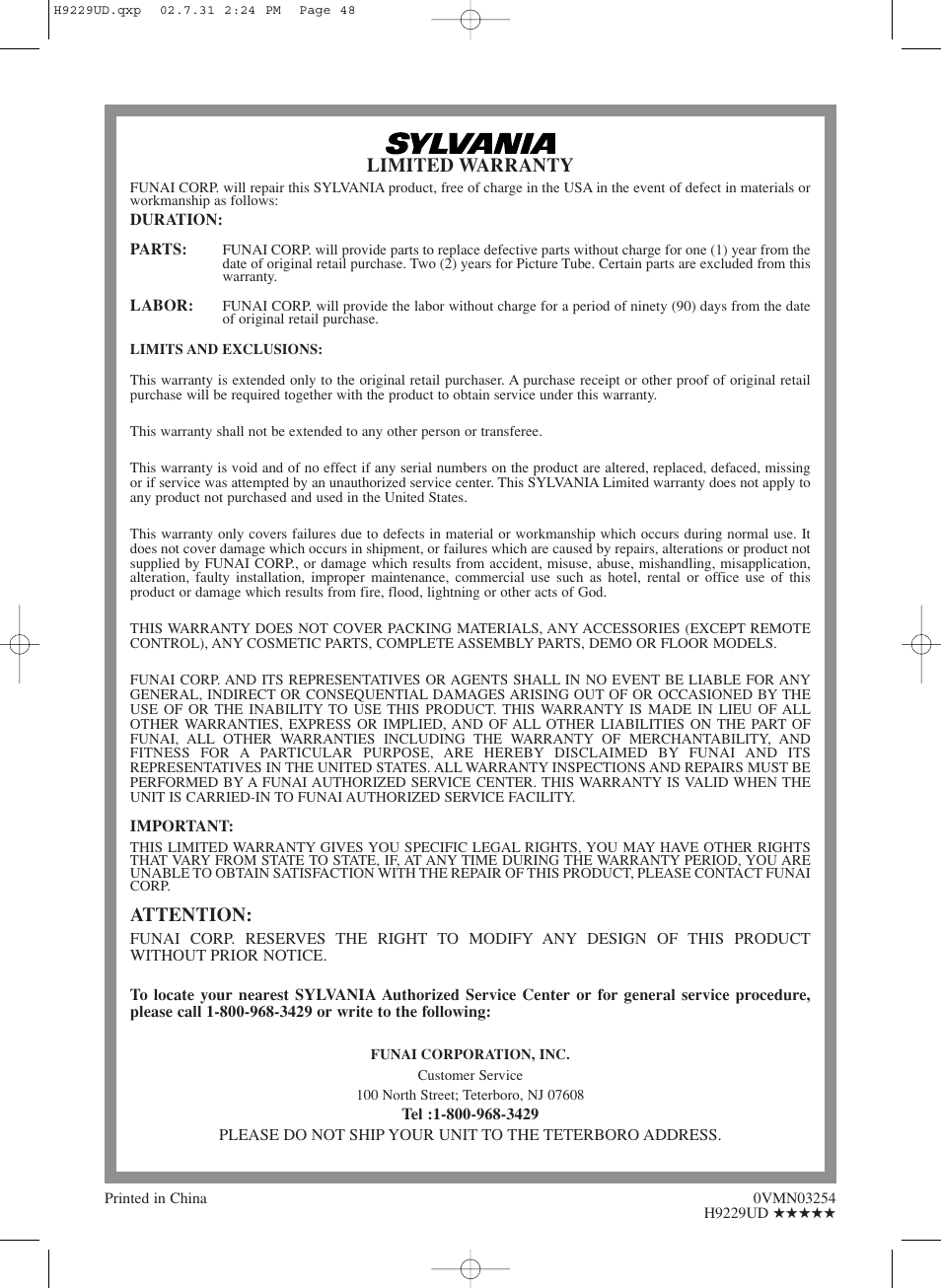 Limited warranty, Attention | Sylvania SSD800 User Manual | Page 48 / 48