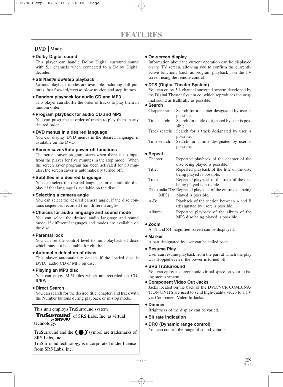 Features | Sylvania SSD800 User Manual | Page 6 / 48