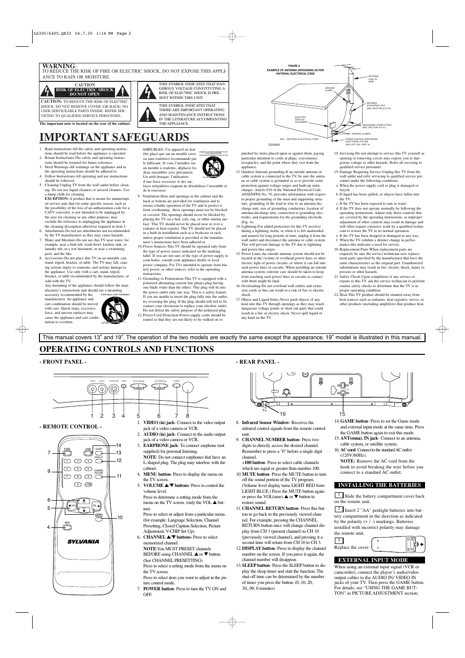 Important safeguards, Operating controls and functions, Warning | Front panel - - rear panel, Remote control, Installing the batteries, External input mode | Sylvania SRT2313 User Manual | Page 2 / 8