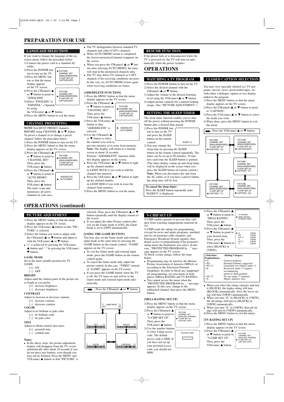 Operations (continued), Preparation for use operations | Sylvania SRT2313 User Manual | Page 3 / 8