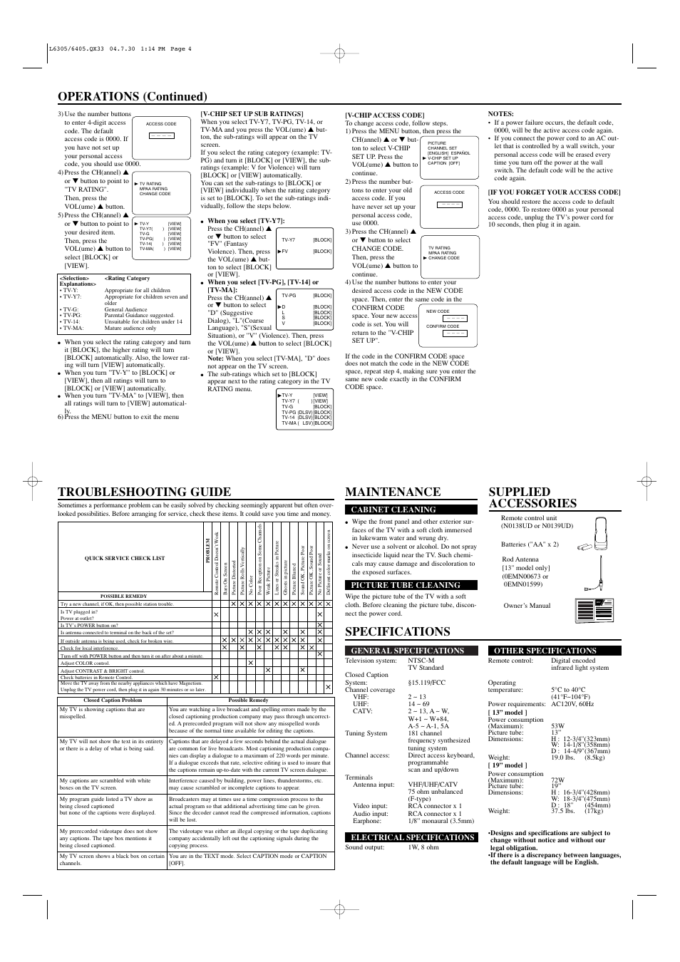 Specifications maintenance, Supplied accessories troubleshooting guide, Operations (continued) | Owner’s manual | Sylvania SRT2313 User Manual | Page 4 / 8