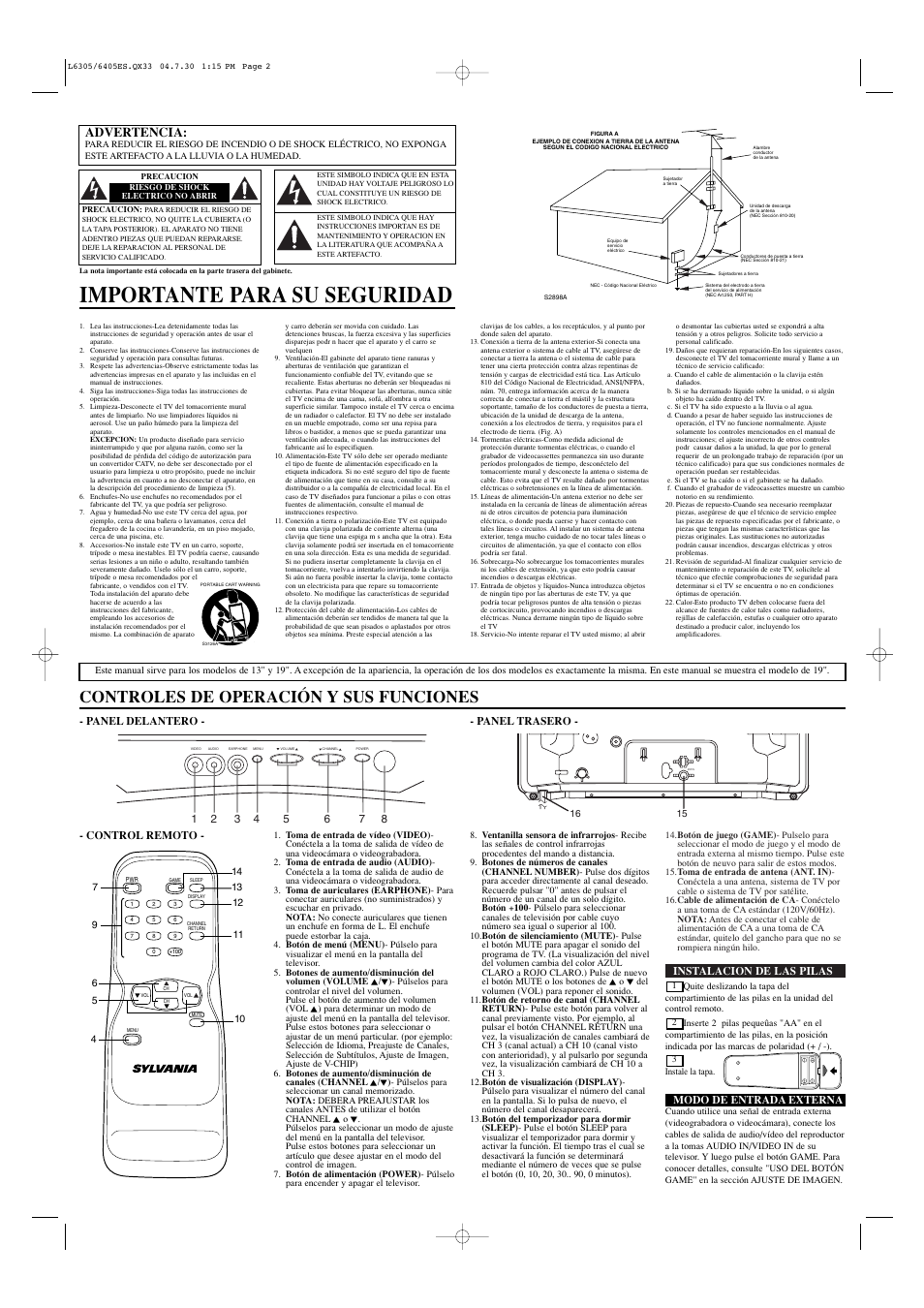 Importante para su seguridad, Controles de operación y sus funciones, Advertencia | Sylvania SRT2313 User Manual | Page 6 / 8