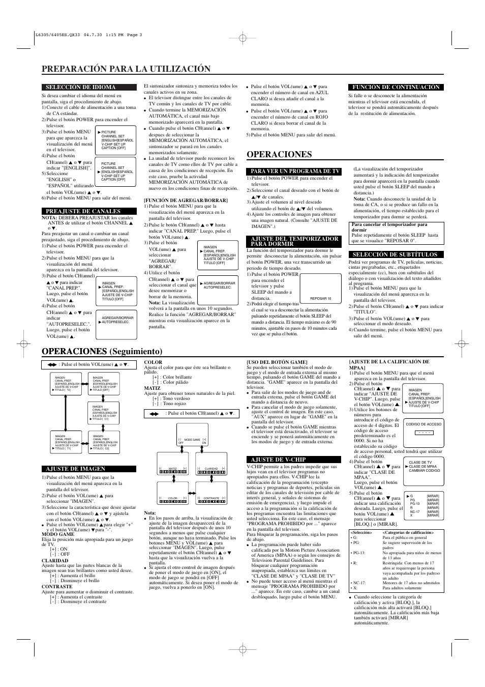 Preparación para la utilización, Operaciones, Operaciones (seguimiento) operaciones | Sylvania SRT2313 User Manual | Page 7 / 8