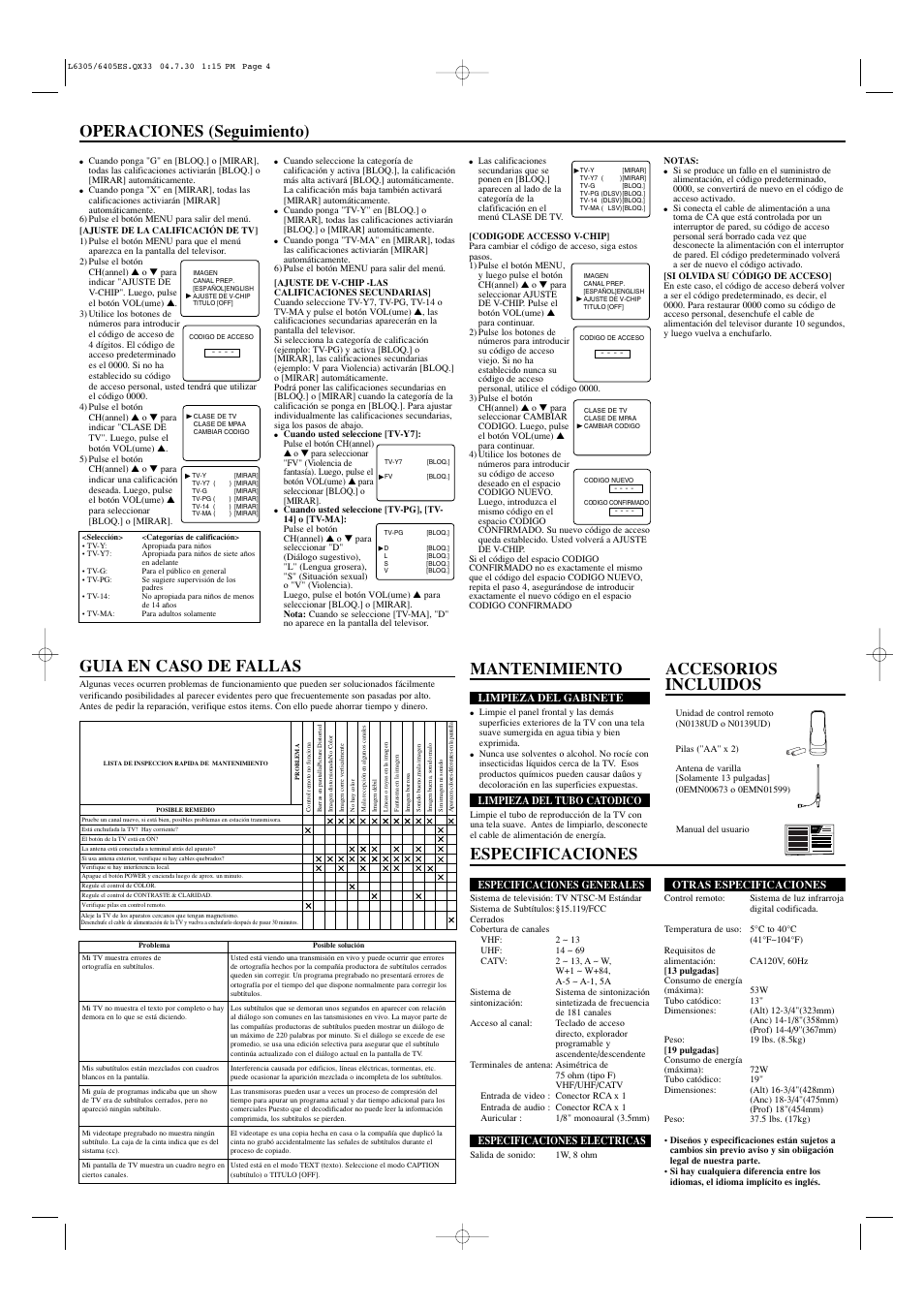 Accesorios incluidos guia en caso de fallas, Especificaciones, Mantenimiento operaciones (seguimiento) | Owner’s manual | Sylvania SRT2313 User Manual | Page 8 / 8