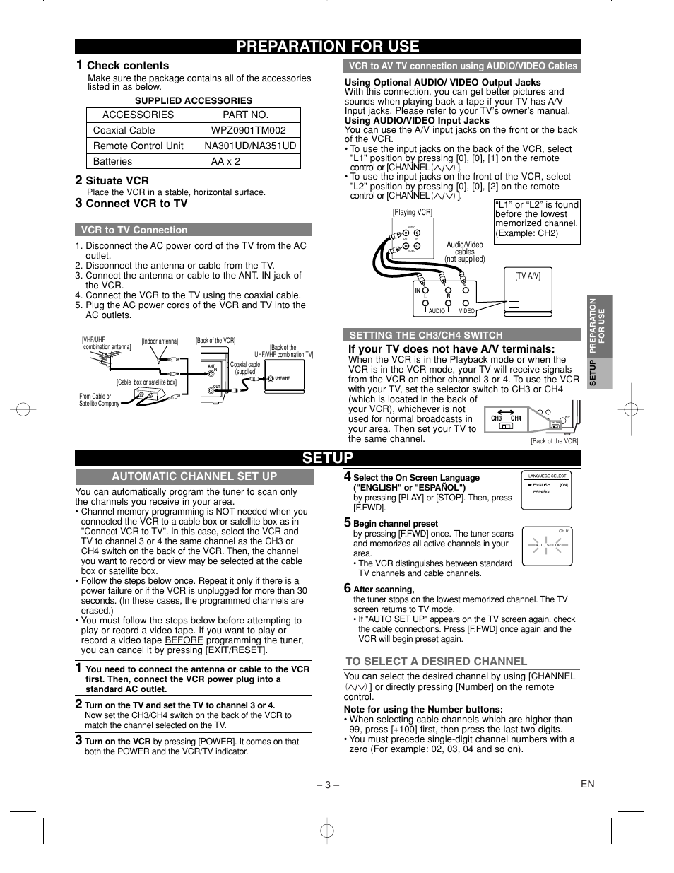 Preparation for use, Setup | Sylvania 6240VC1 User Manual | Page 3 / 8