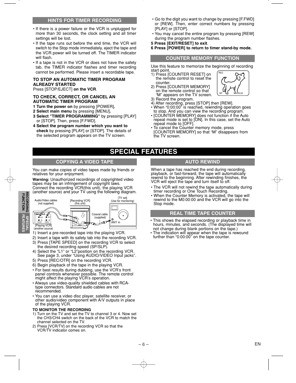 Special features, Auto rewind real time tape counter, Copying a video tape | Hints for timer recording | Sylvania 6240VC1 User Manual | Page 6 / 8