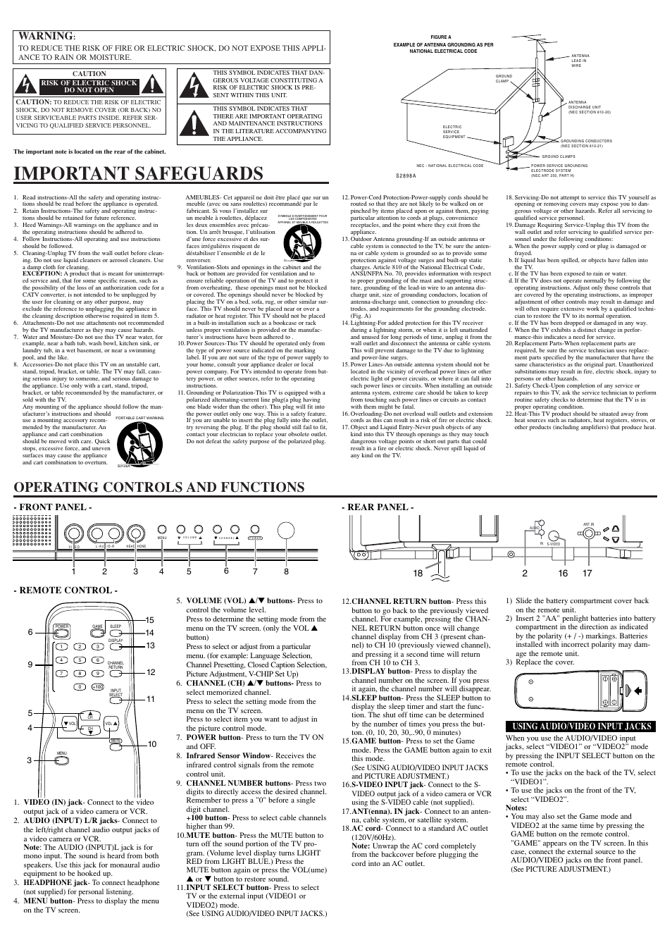 Important safeguards, Operating controls and functions, Warning | Front panel - - rear panel, Installing the batteries - remote control, Using audio/video input jacks | Sylvania 6420FE User Manual | Page 2 / 8
