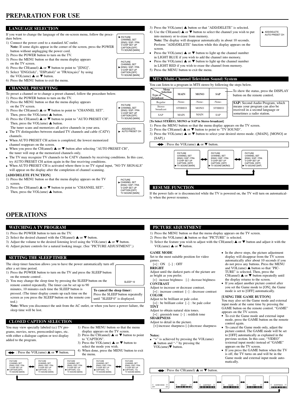 Preparation for use, Operations, Watching a tv program | Setting the sleep timer, Closed caption selection, Picture adjustment, Language selection, Channel presetting, Mts (multi-channel television sound) system, Resume function | Sylvania 6420FE User Manual | Page 3 / 8