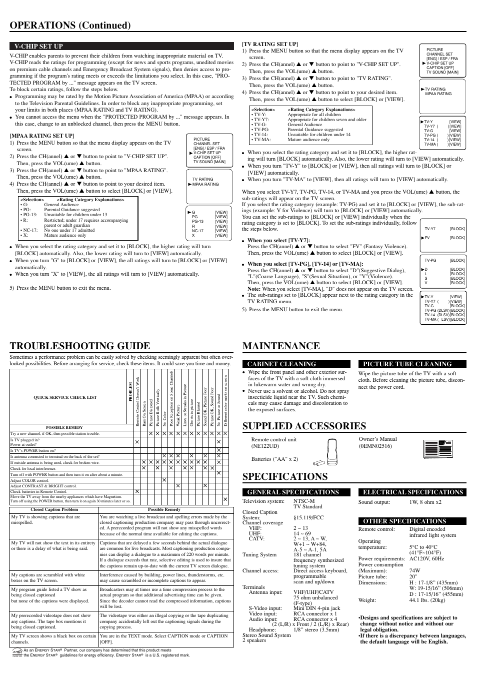 Owner’s manual, V-chip set up, General specifications | Electrical specifications, Other specifications, Cabinet cleaning, Picture tube cleaning | Sylvania 6420FE User Manual | Page 4 / 8