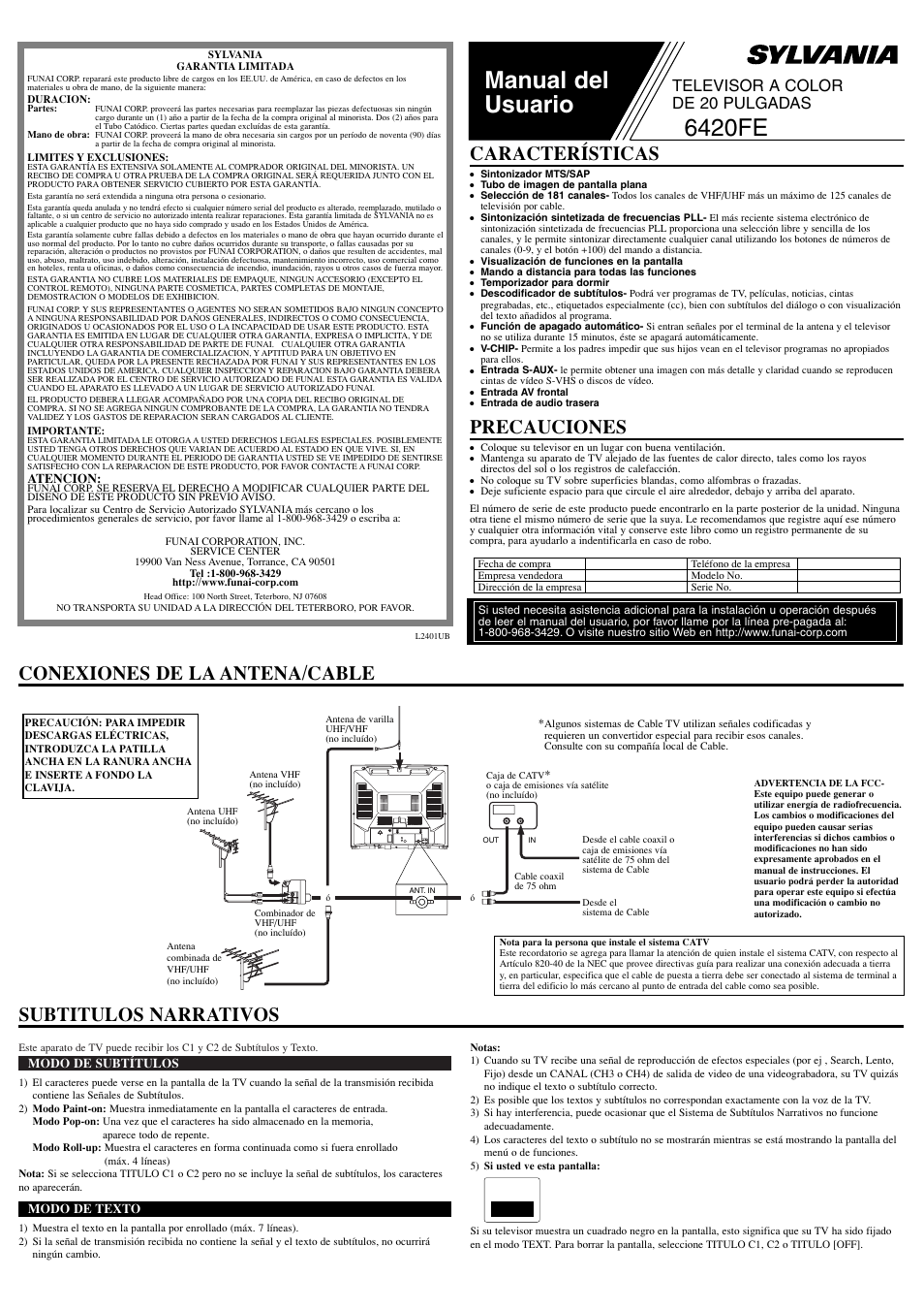 Manual del usuario, 6420fe, Conexiones de la antena/cable precauciones | Características, Subtitulos narrativos, Televisor a color de 20 pulgadas | Sylvania 6420FE User Manual | Page 5 / 8
