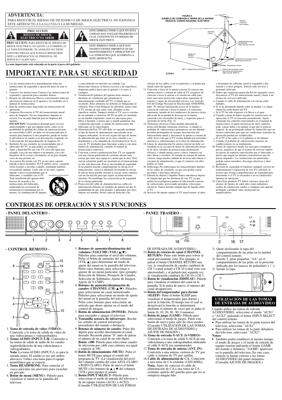 Importante para su seguridad, Controles de operación y sus funciones, Advertencia | Panel delantero - - panel trasero, Instalacion de las pilas - control remoto, Utilización de las tomas de entrada de audio/video | Sylvania 6420FE User Manual | Page 6 / 8
