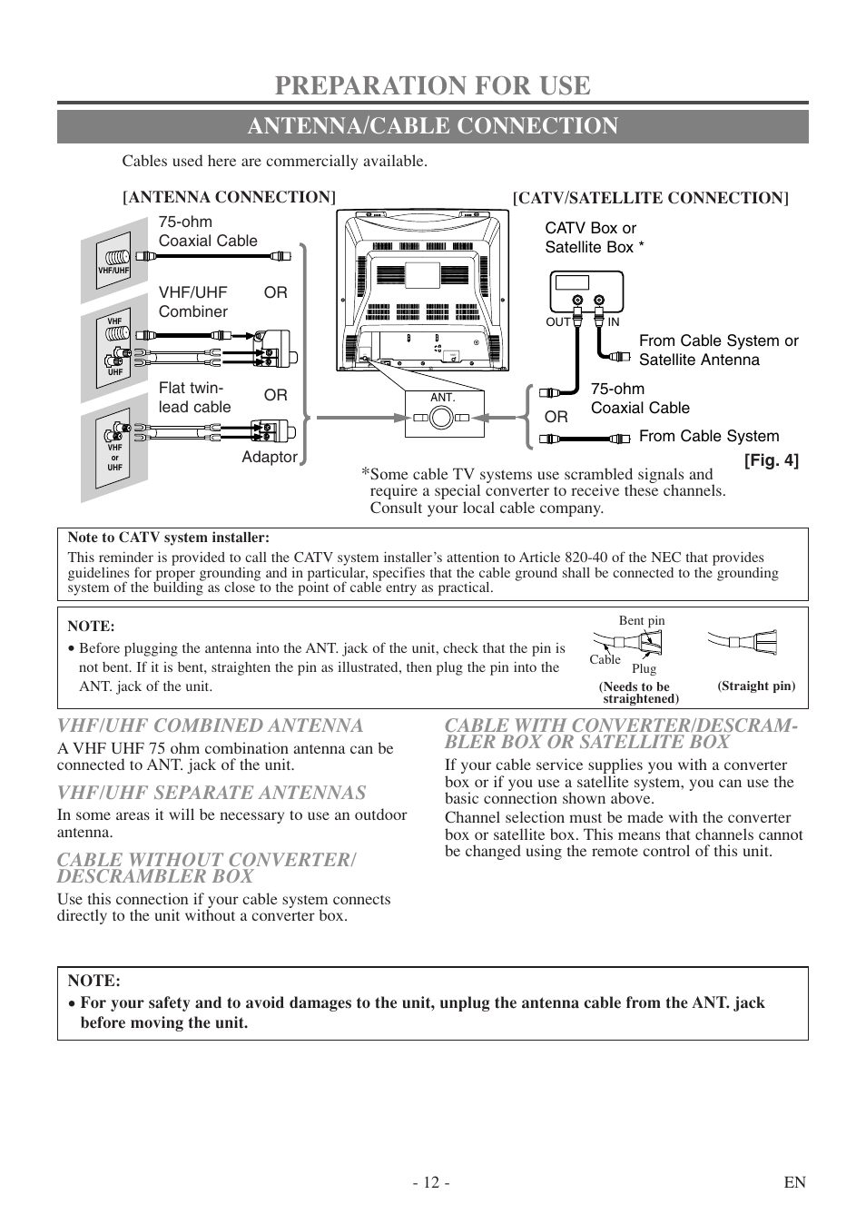 Preparation for use, Antenna/cable connection, Vhf/uhf combined antenna | Vhf/uhf separate antennas, Cable without converter/ descrambler box | Sylvania 6724FDF User Manual | Page 12 / 56