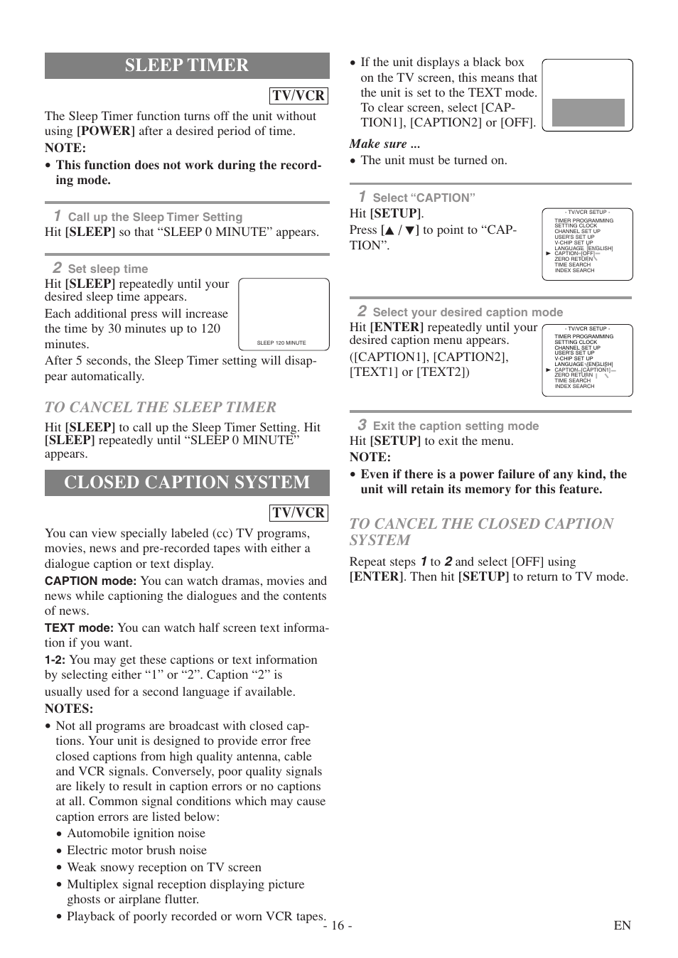 Closed caption system, Sleep timer | Sylvania 6724FDF User Manual | Page 16 / 56