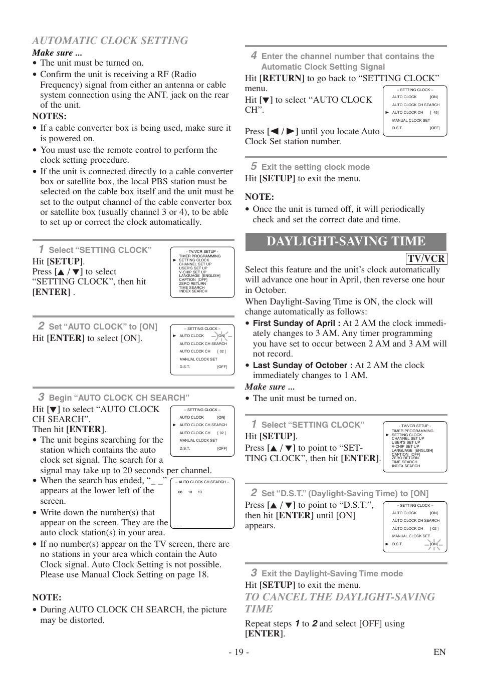Daylight-saving time, Automatic clock setting, Tv/vcr | 19 - en, The unit must be turned on, Hit [setup] to exit the menu, Repeat steps 1 to 2 and select [off] using [enter, Make sure, Hit [enter] to select [on | Sylvania 6724FDF User Manual | Page 19 / 56