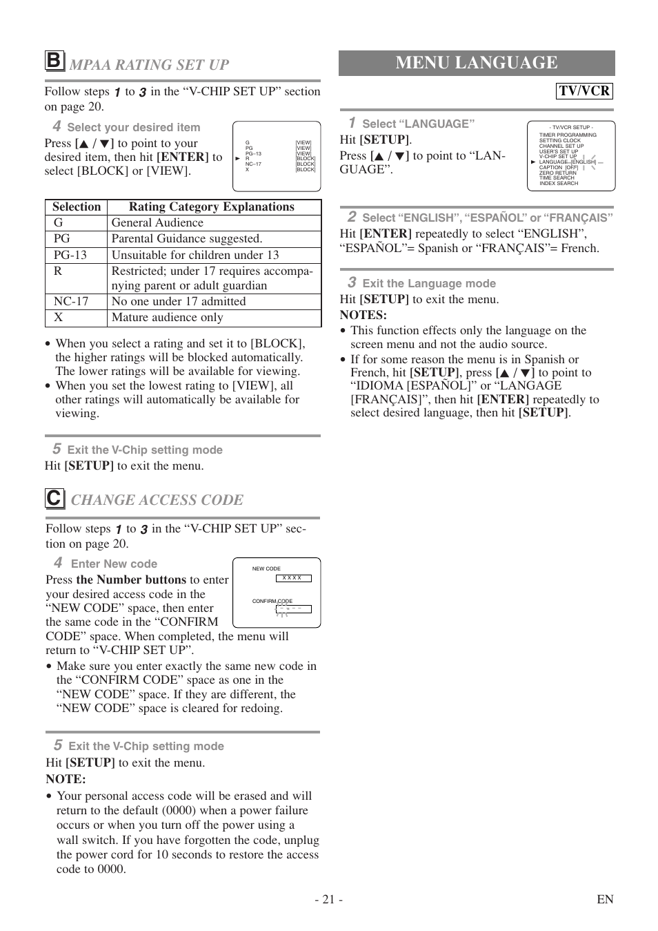 Menu language, Change access code, Mpaa rating set up | Tv/vcr | Sylvania 6724FDF User Manual | Page 21 / 56