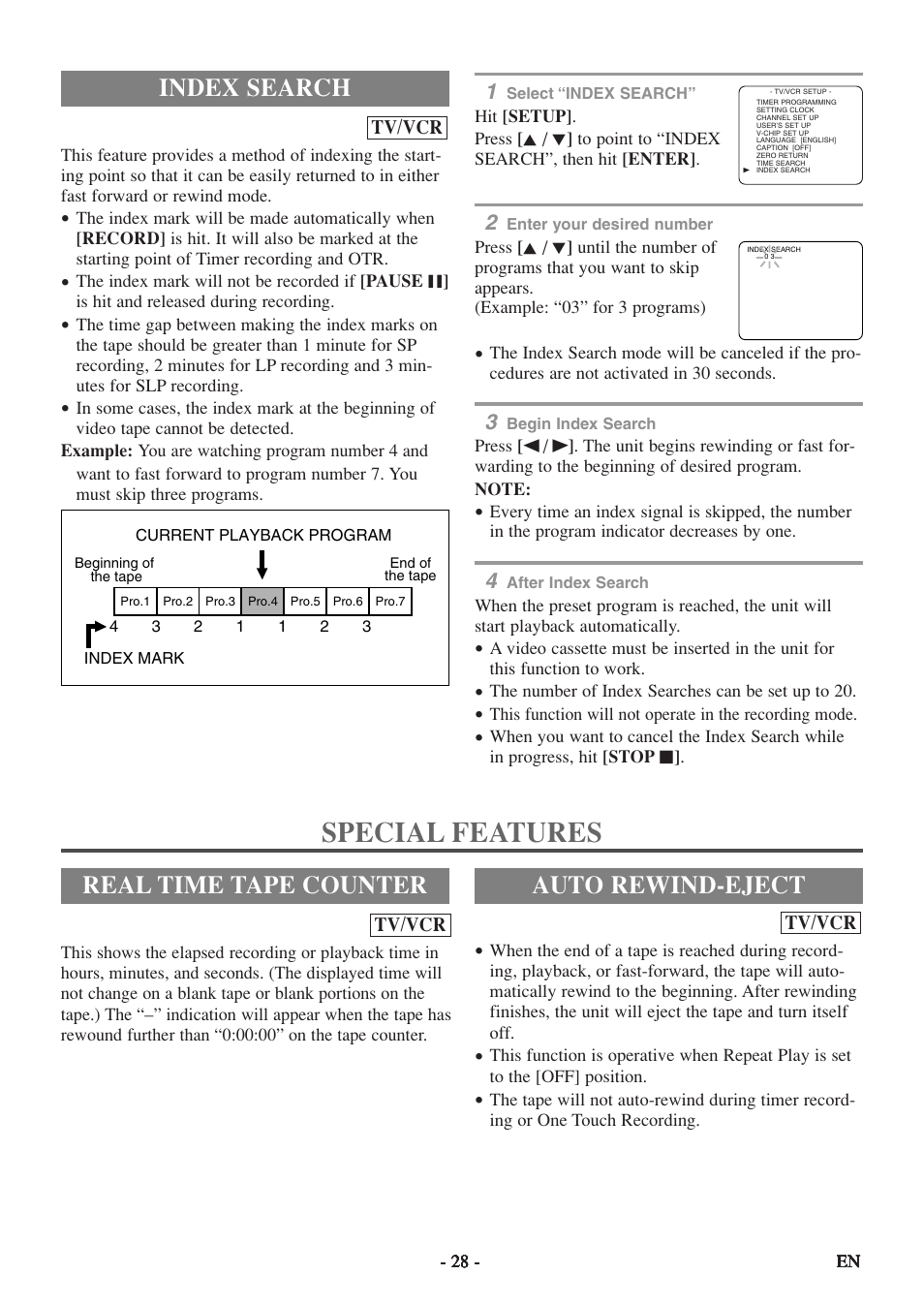 Special features, Real time tape counter auto rewind-eject, Index search | Sylvania 6724FDF User Manual | Page 28 / 56