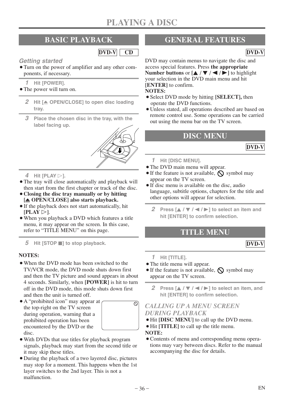 Playing a disc, Basic playback, General features | Title menu, Disc menu, Calling up a menu screen during playback | Sylvania 6724FDF User Manual | Page 36 / 56