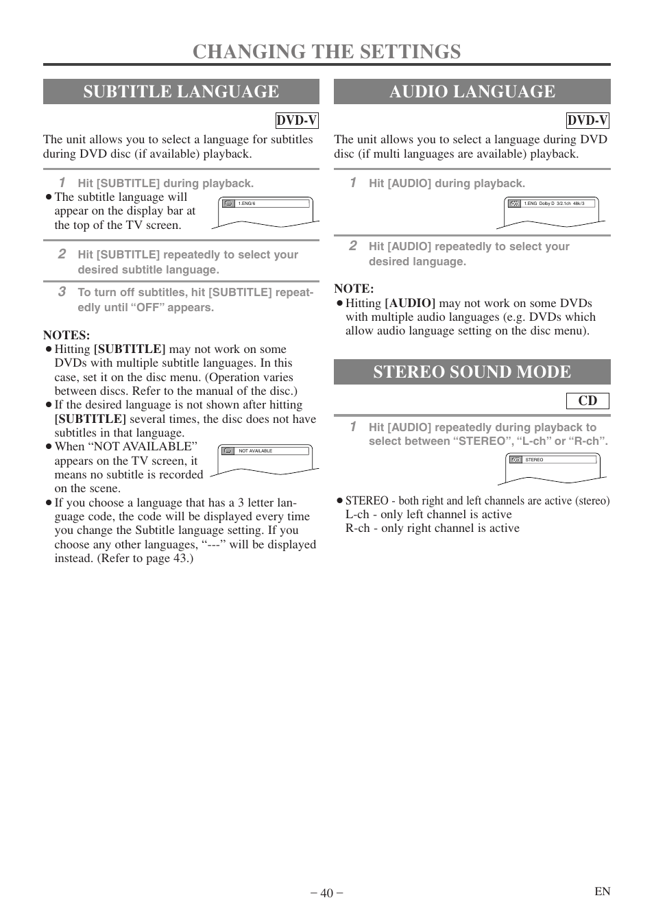 Changing the settings, Audio language, Stereo sound mode | Subtitle language, Dvd-v | Sylvania 6724FDF User Manual | Page 40 / 56