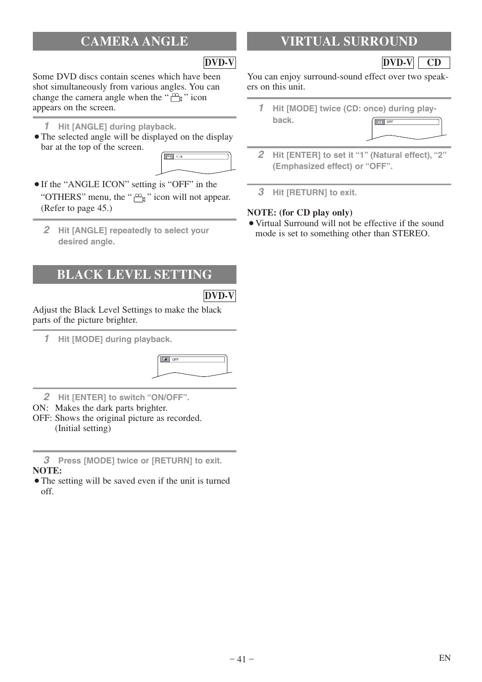 Camera angle, Black level setting, Virtual surround | Sylvania 6724FDF User Manual | Page 41 / 56