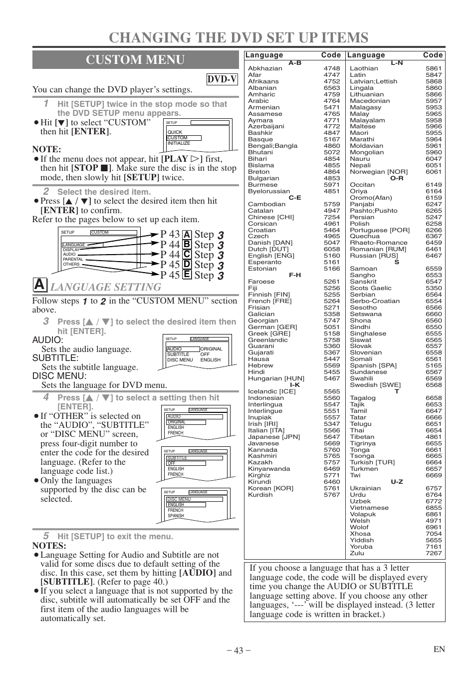 Changing the dvd set up items, Custom menu, Language setting | Dvd-v, You can change the dvd player’s settings, Ab c d e, Select the desired item, Press, Hit [setup] to exit the menu | Sylvania 6724FDF User Manual | Page 43 / 56