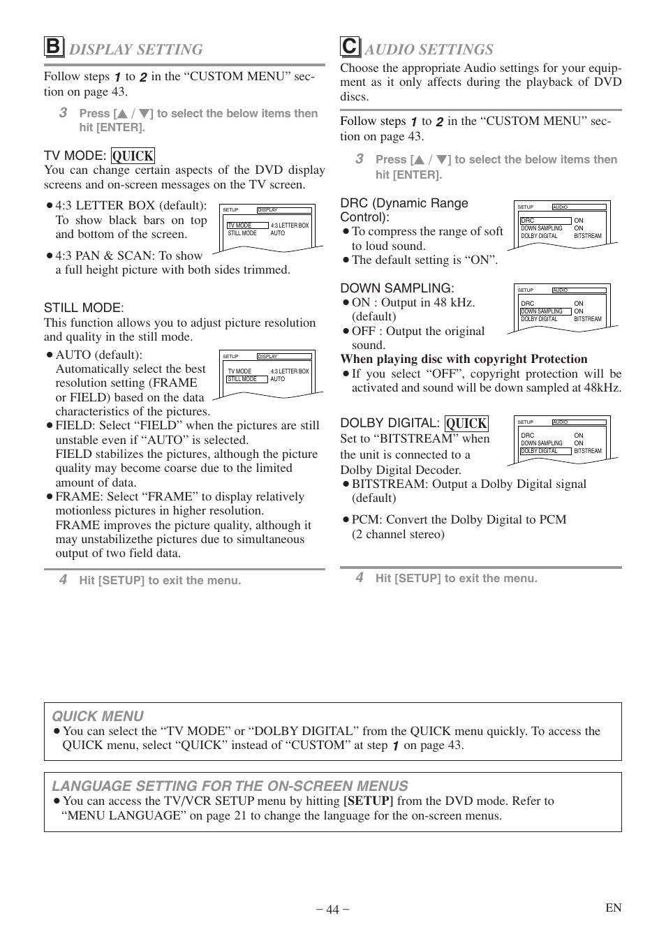 Audio settings, Display setting, Quick | Language setting for the on-screen menus, Quick menu | Sylvania 6724FDF User Manual | Page 44 / 56