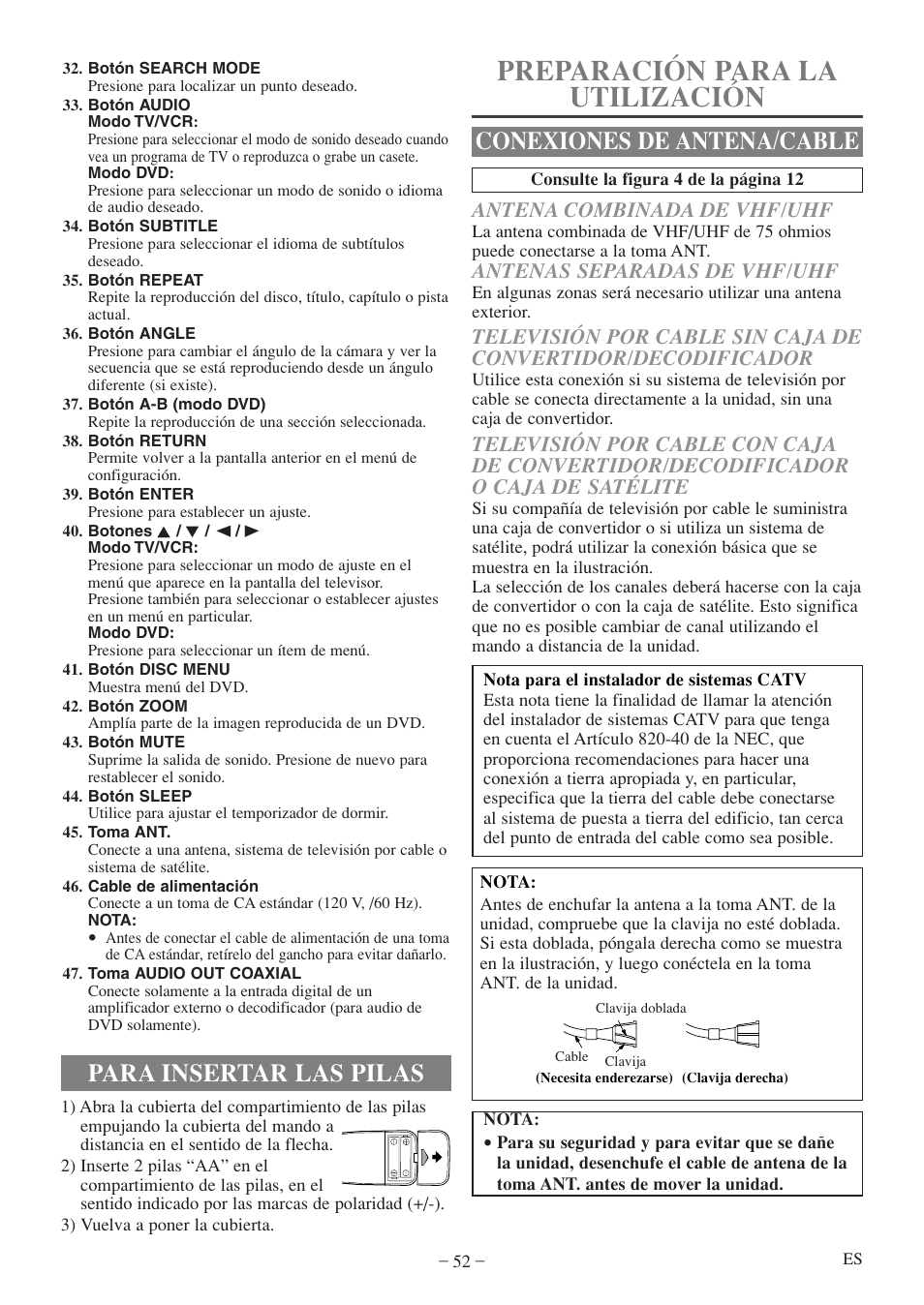 Preparación para la utilización, Para insertar las pilas, Conexiones de antena/cable | Antena combinada de vhf/uhf, Antenas separadas de vhf/uhf | Sylvania 6724FDF User Manual | Page 52 / 56