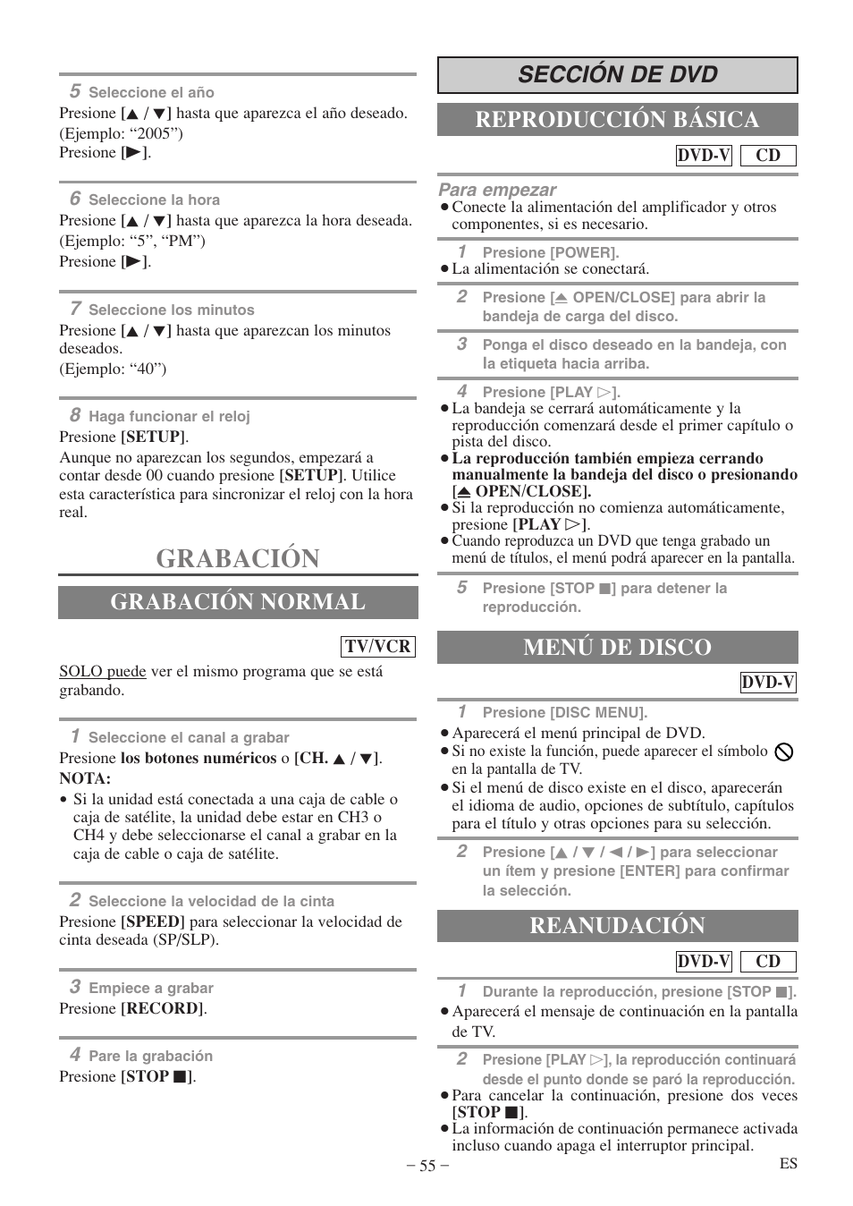 Grabación, Sección de dvd reproducción básica, Grabación normal menú de disco | Reanudación | Sylvania 6724FDF User Manual | Page 55 / 56
