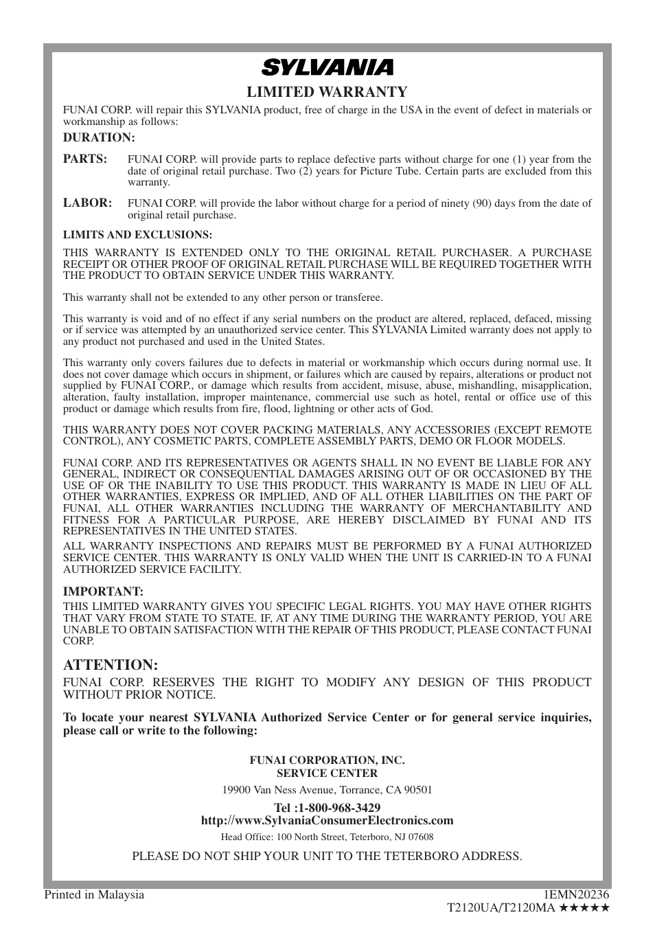 Limited warranty, Attention | Sylvania 6724FDF User Manual | Page 56 / 56