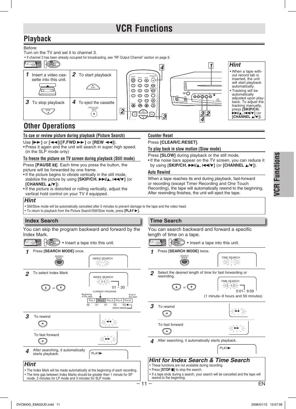 Vcr functions, Playback, Other operations | Hint, Hint for index search & time search, Index search, Time search, Counter reset, Auto rewind | Sylvania DVC840G User Manual | Page 11 / 28