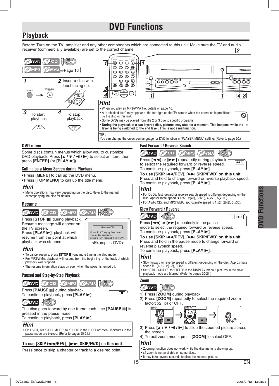 Dvd functions, Playback, Hint | Paused and step-by-step playback, Fast forward / reverse search, Dvd menu, Calling up a menu screen during playback, Resume, Zoom, Slow forward / reverse | Sylvania DVC840G User Manual | Page 15 / 28