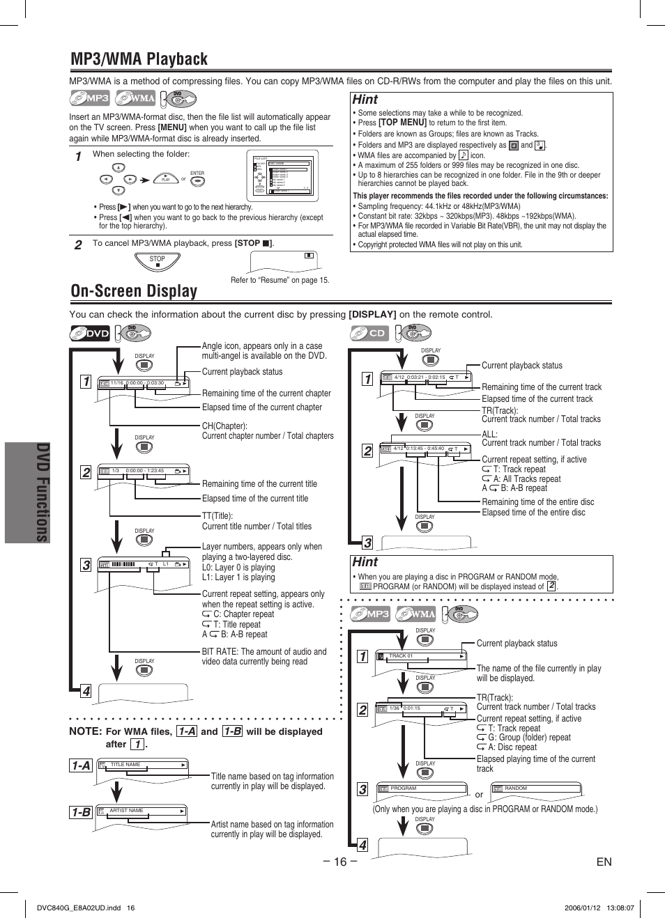 Dvd functions, Mp3/wma playback, On-screen display | Hint, A 1-b | Sylvania DVC840G User Manual | Page 16 / 28