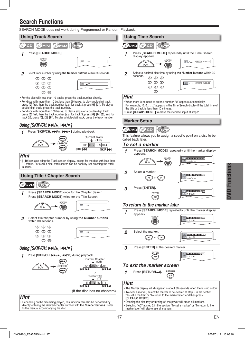 Dvd functions, Search functions, Using [skip/ch. g / o , h / p | Hint, Using track search, Using time search, Marker setup, Using title / chapter search | Sylvania DVC840G User Manual | Page 17 / 28