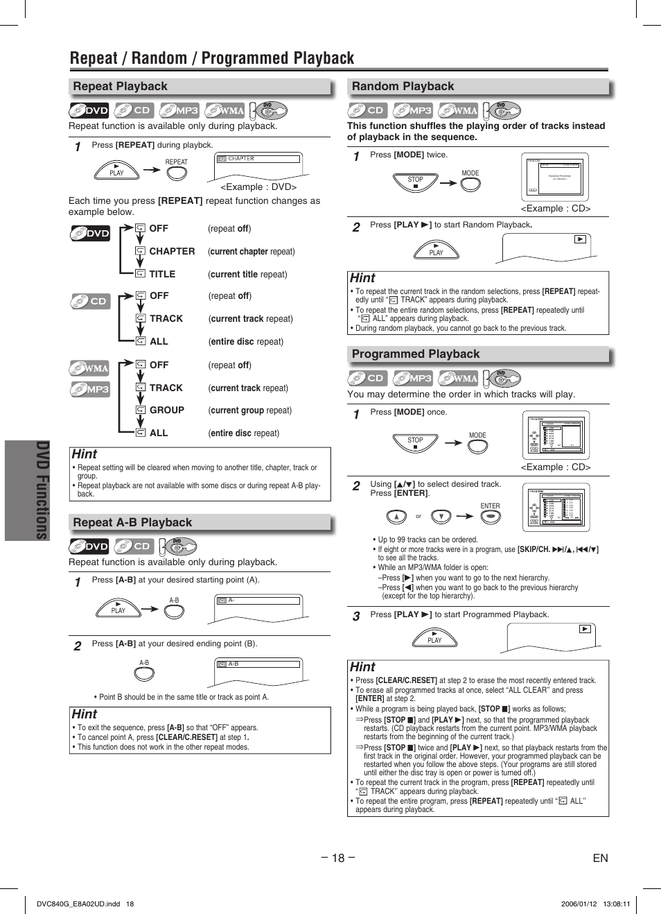 Dvd functions, Repeat / random / programmed playback, Hint | Repeat playback, Programmed playback, Random playback, Repeat a-b playback | Sylvania DVC840G User Manual | Page 18 / 28