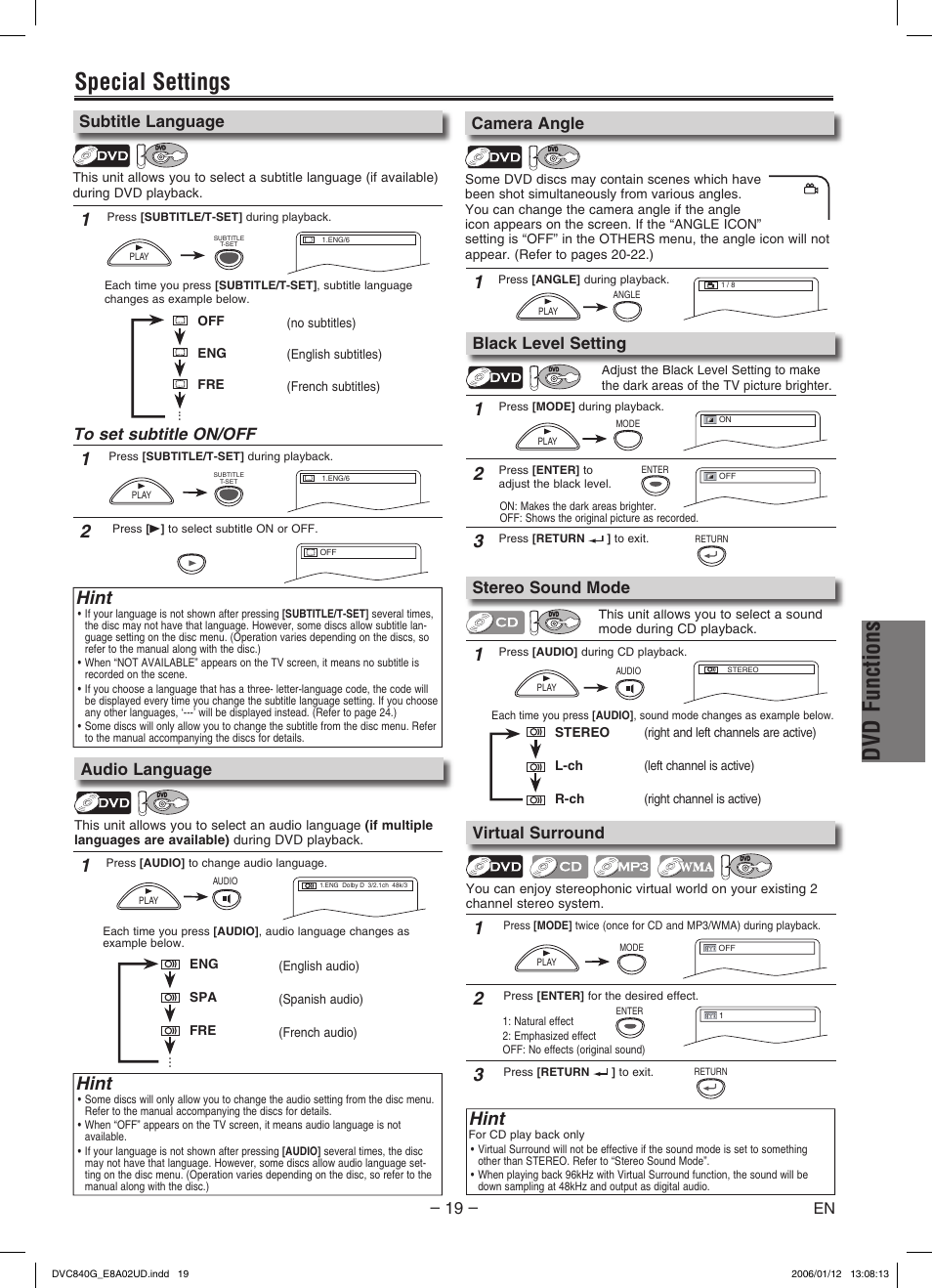 Dvd functions, Special settings, Hint | Subtitle language, Camera angle, Stereo sound mode, Black level setting, Virtual surround, Audio language | Sylvania DVC840G User Manual | Page 19 / 28