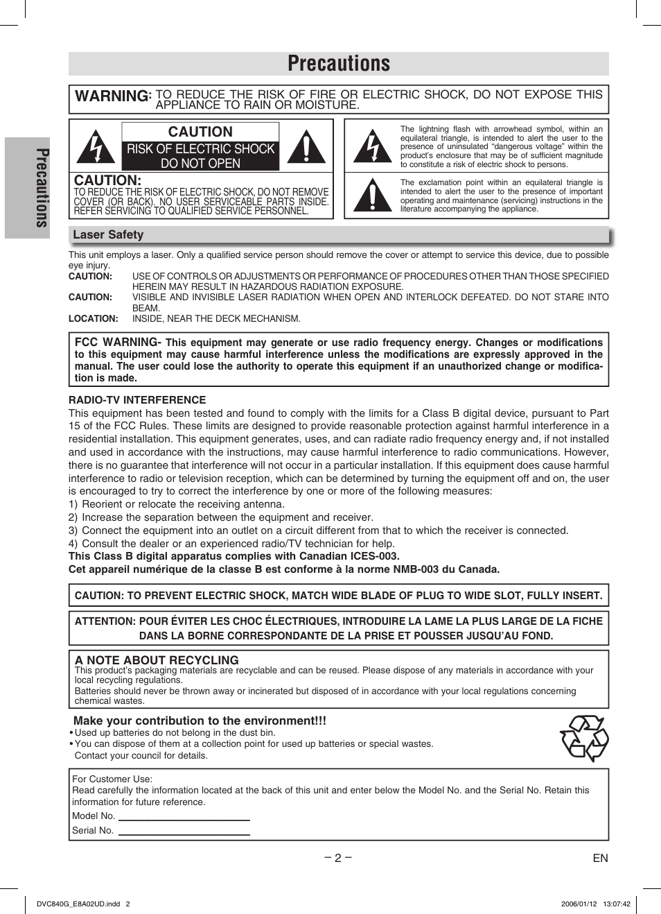 Precautions, Warning, Caution | Sylvania DVC840G User Manual | Page 2 / 28