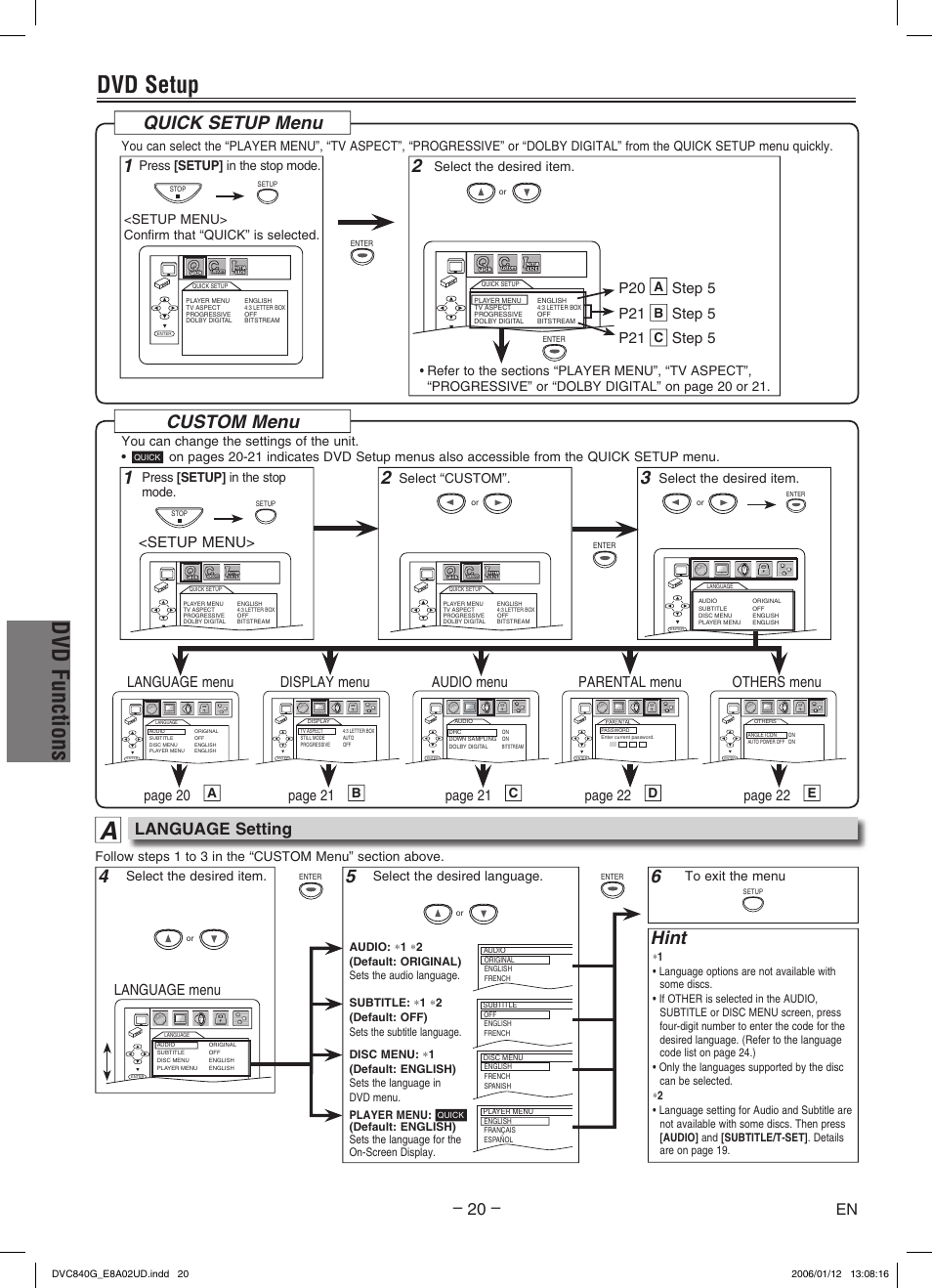 Dvd functions, Dvd setup, Custom menu | Hint, Quick setup menu, Language setting, Language menu audio menu display menu others menu, Language menu, Step 5 p21, Step 5 page 20 | Sylvania DVC840G User Manual | Page 20 / 28