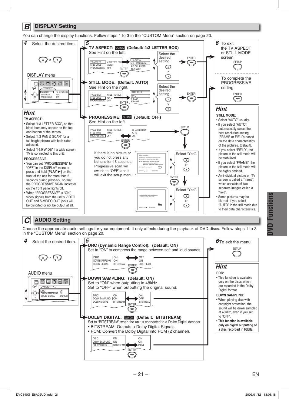 Dvd functions, Hint, Display setting | Audio setting, Display menu, Audio menu | Sylvania DVC840G User Manual | Page 21 / 28