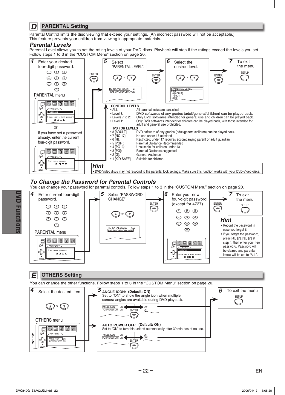 Dvd functions, 64 4 hint, Parental levels | Hint, Parental setting, Others setting, Parental menu, Others menu | Sylvania DVC840G User Manual | Page 22 / 28