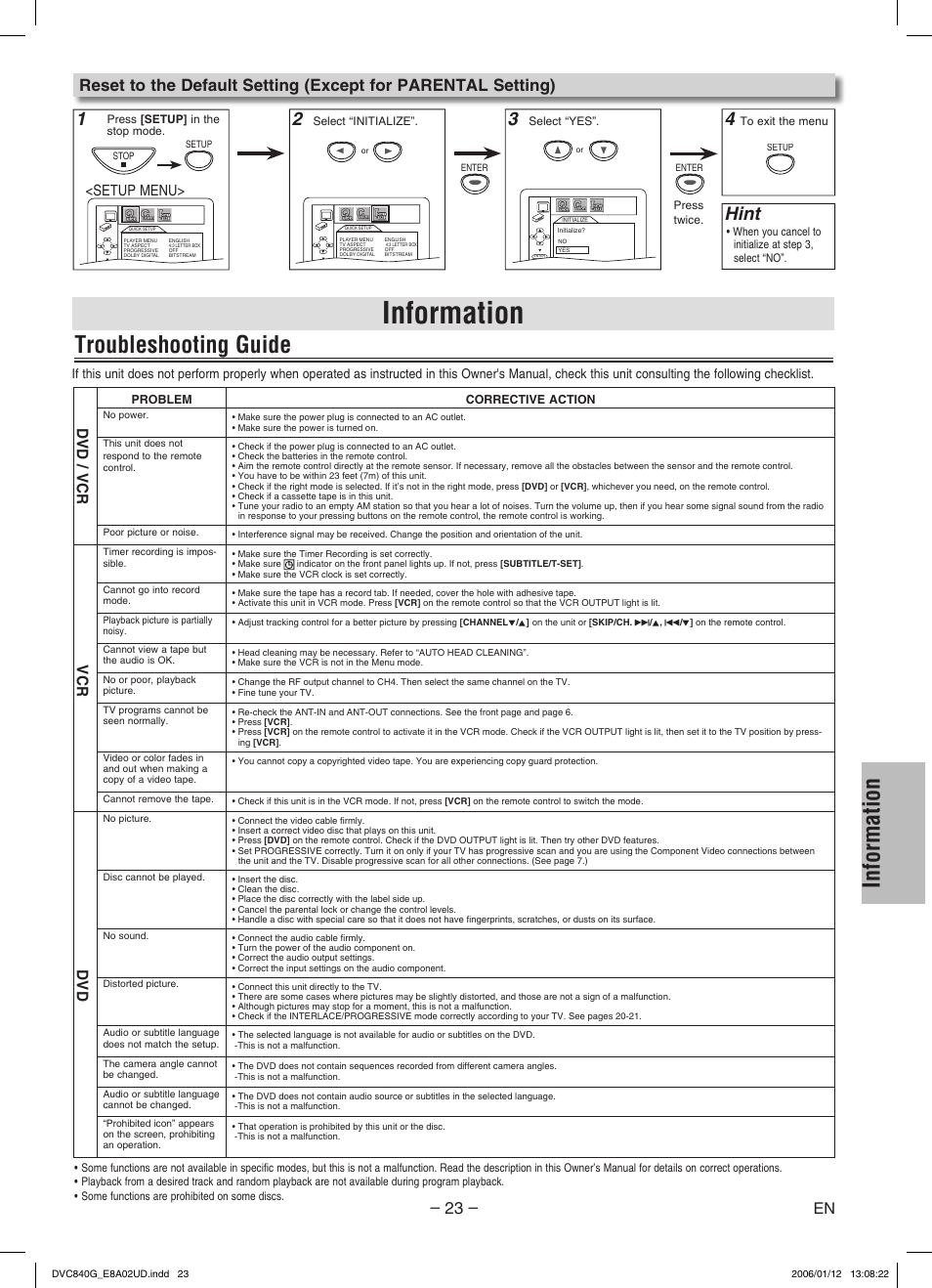 Information, Troubleshooting guide, Hint | Dvd / vcr vcr dvd, Setup menu | Sylvania DVC840G User Manual | Page 23 / 28