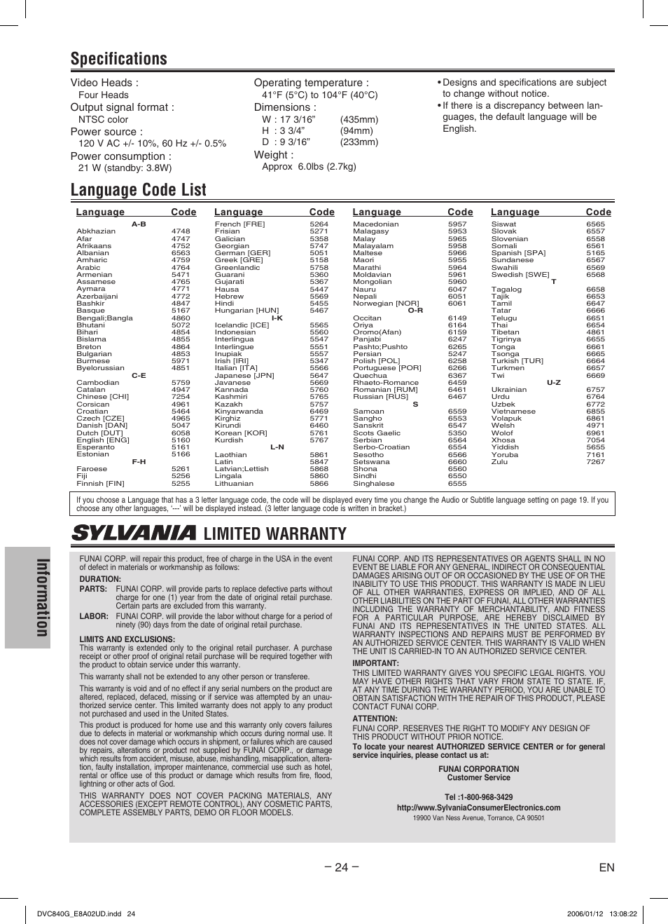 Information, Language code list specifications, Limited warranty | Video heads, Output signal format, Power source, Power consumption, Operating temperature, Dimensions, Weight | Sylvania DVC840G User Manual | Page 24 / 28