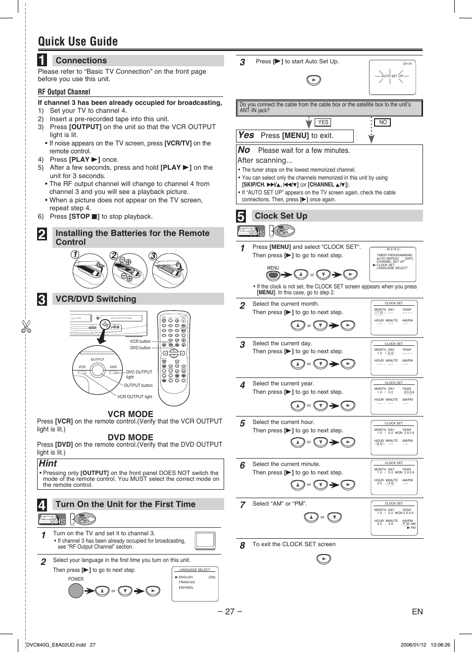 Quick use guide, Hint, Connections clock set up | Installing the batteries for the remote control, Vcr mode, Dvd mode, Rf output channel, Please wait for a few minutes. after scanning, Press [menu] to exit, Subtitle t-set | Sylvania DVC840G User Manual | Page 27 / 28