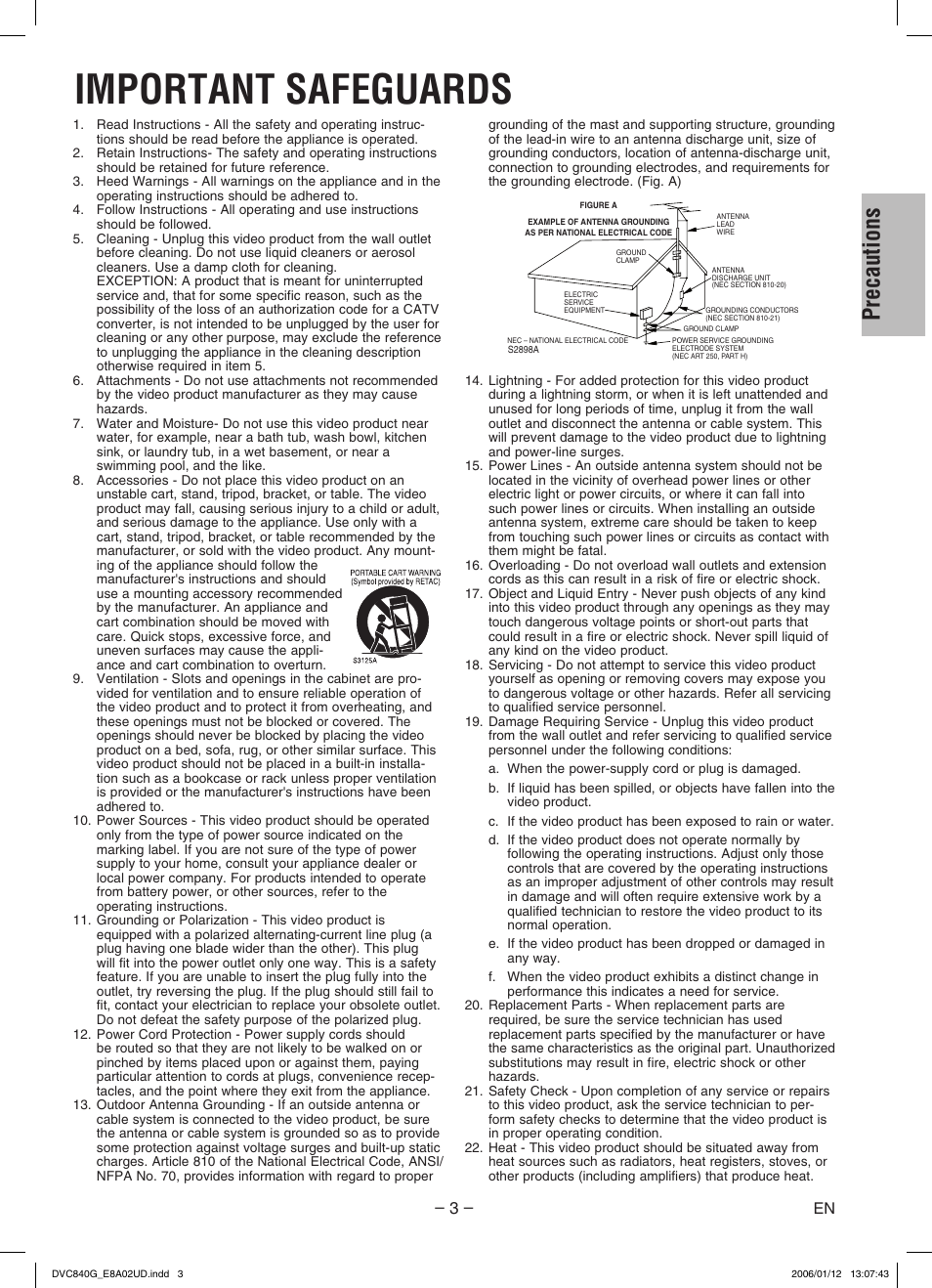 Important safeguards, Precautions | Sylvania DVC840G User Manual | Page 3 / 28