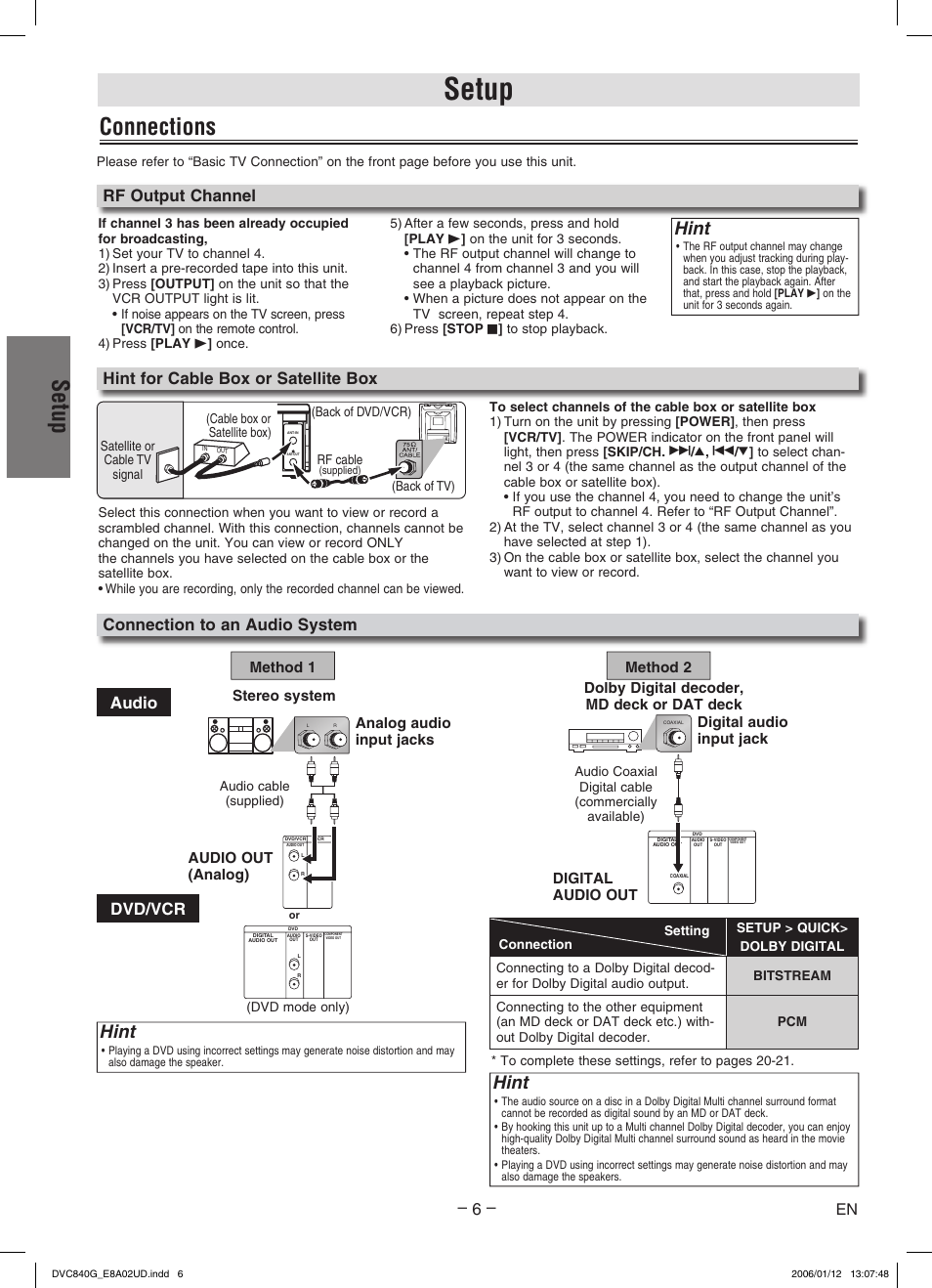 Setup, Connections, Hint | Hint for cable box or satellite box, Connection to an audio system, Rf output channel, Audio dvd/vcr | Sylvania DVC840G User Manual | Page 6 / 28