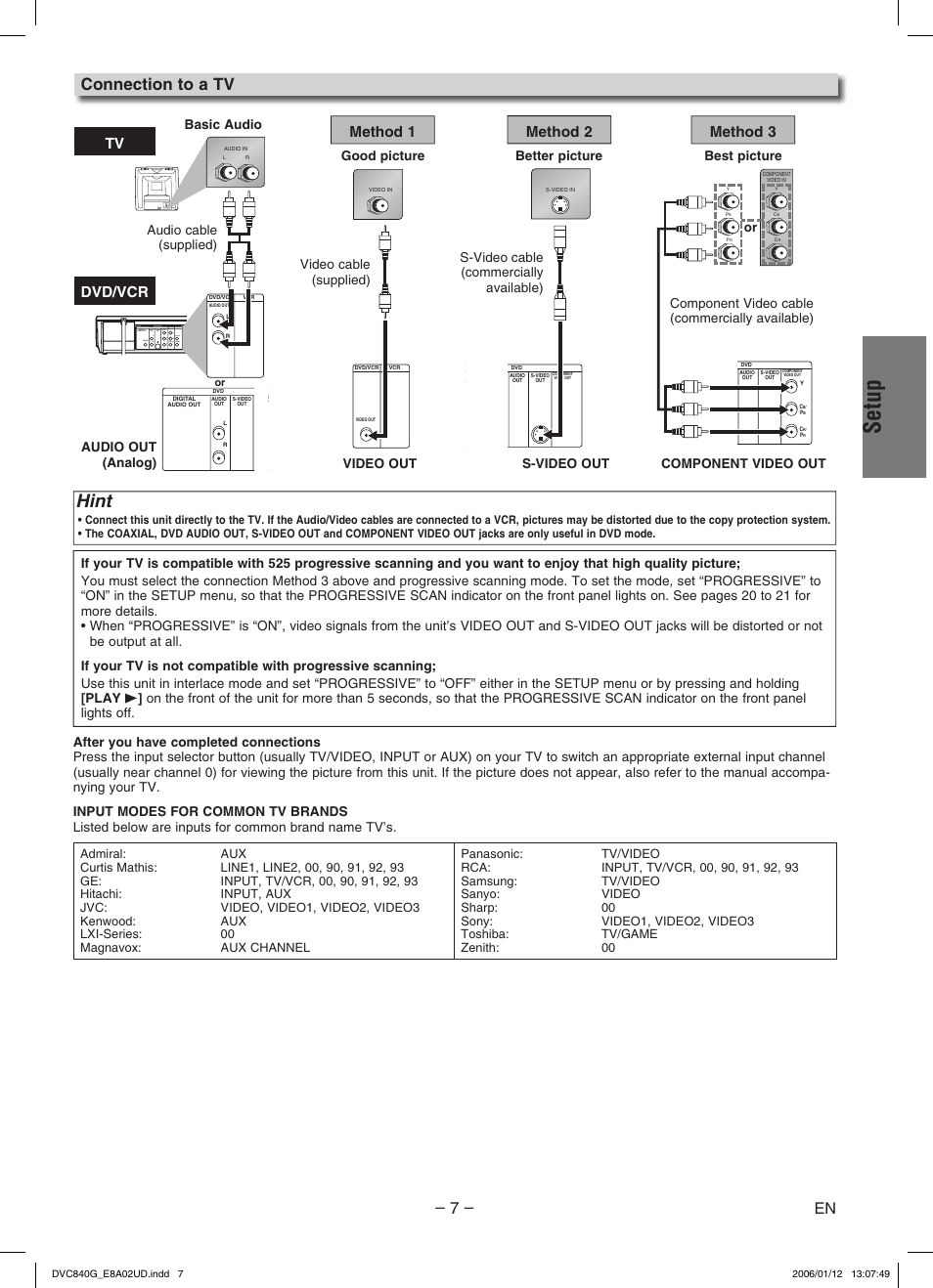 Setup, Hint, Connection to a tv | Tv method 1, Method 2 method 3, Dvd/vcr | Sylvania DVC840G User Manual | Page 7 / 28