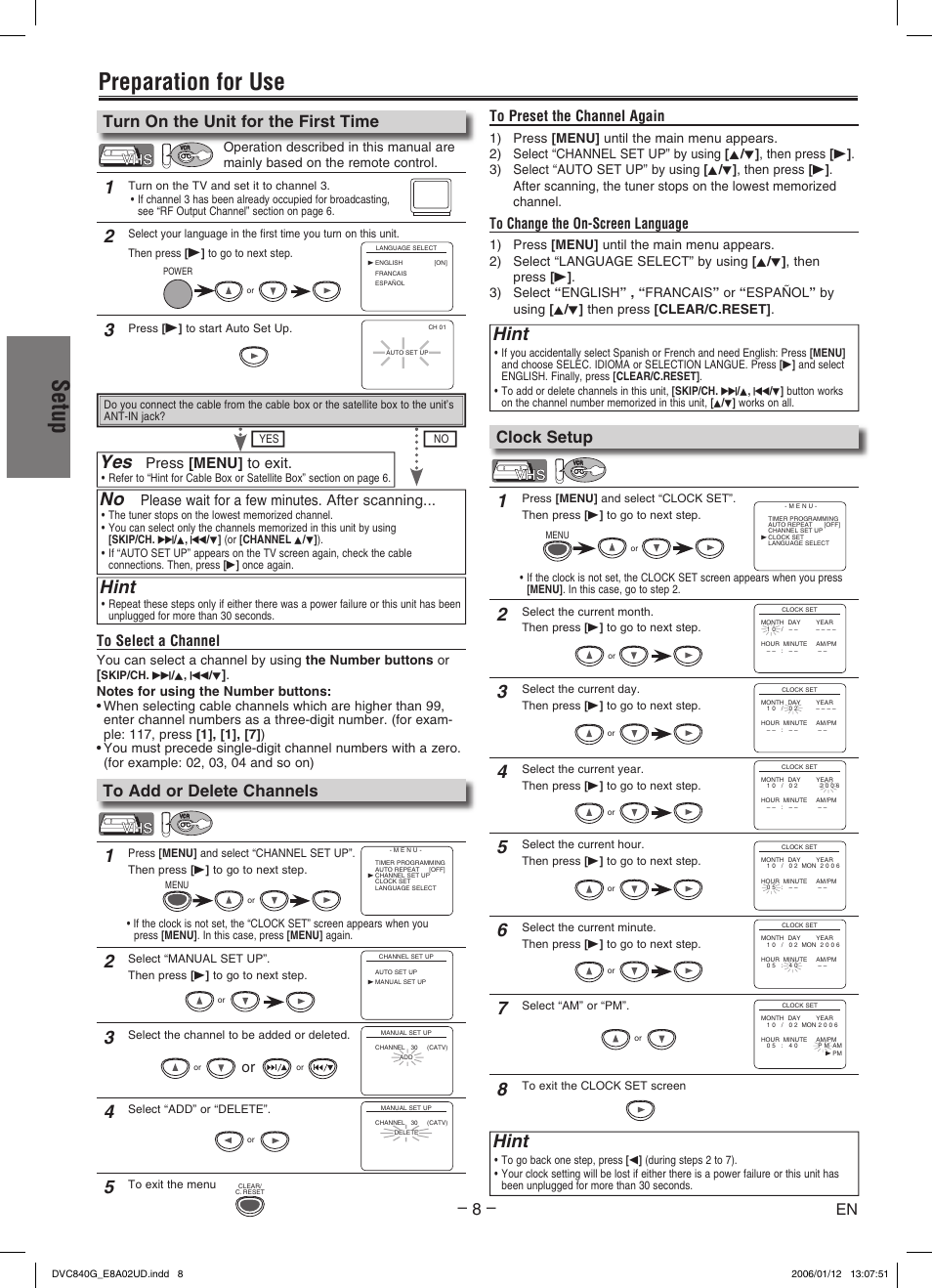 Setup, Preparation for use, Hint | Turn on the unit for the first time, Clock setup, Please wait for a few minutes. after scanning, Press [menu] to exit | Sylvania DVC840G User Manual | Page 8 / 28