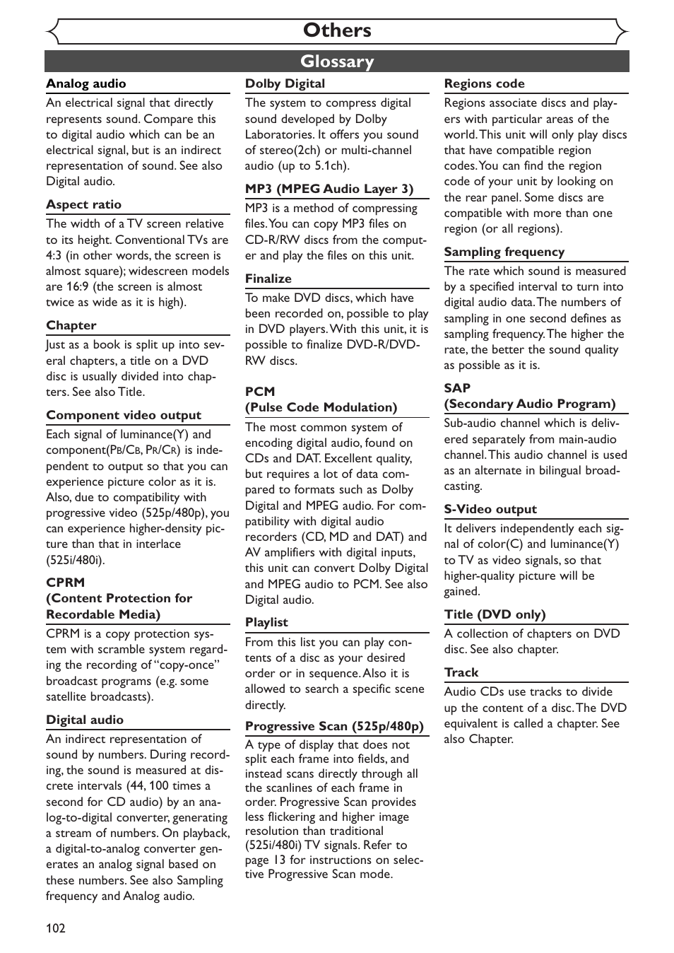 Others, Glossary | Sylvania SSR90V4 User Manual | Page 102 / 108