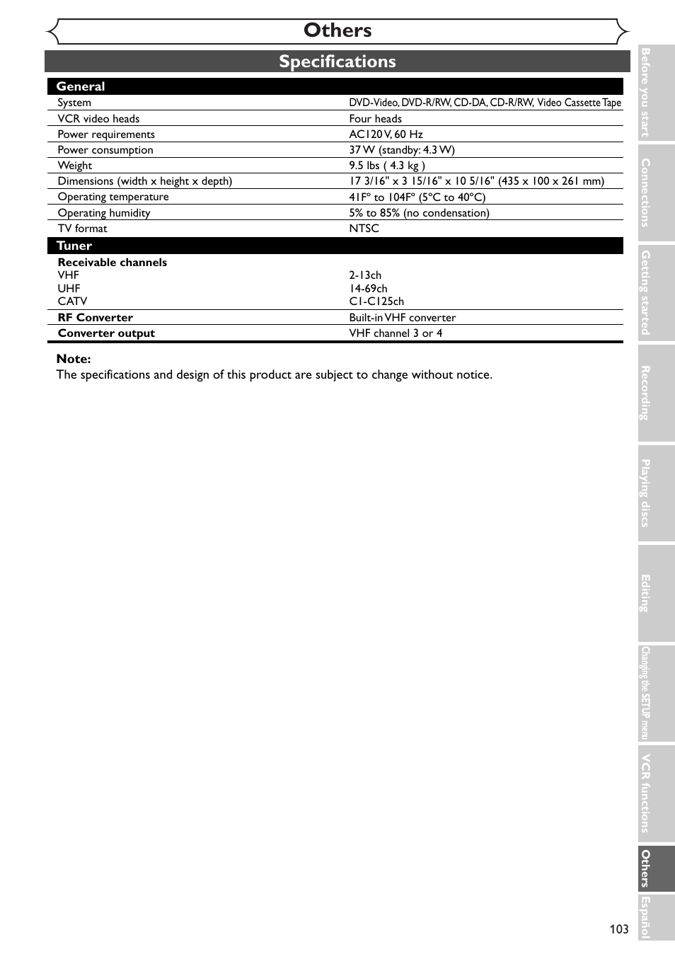 Others, Specifications | Sylvania SSR90V4 User Manual | Page 103 / 108