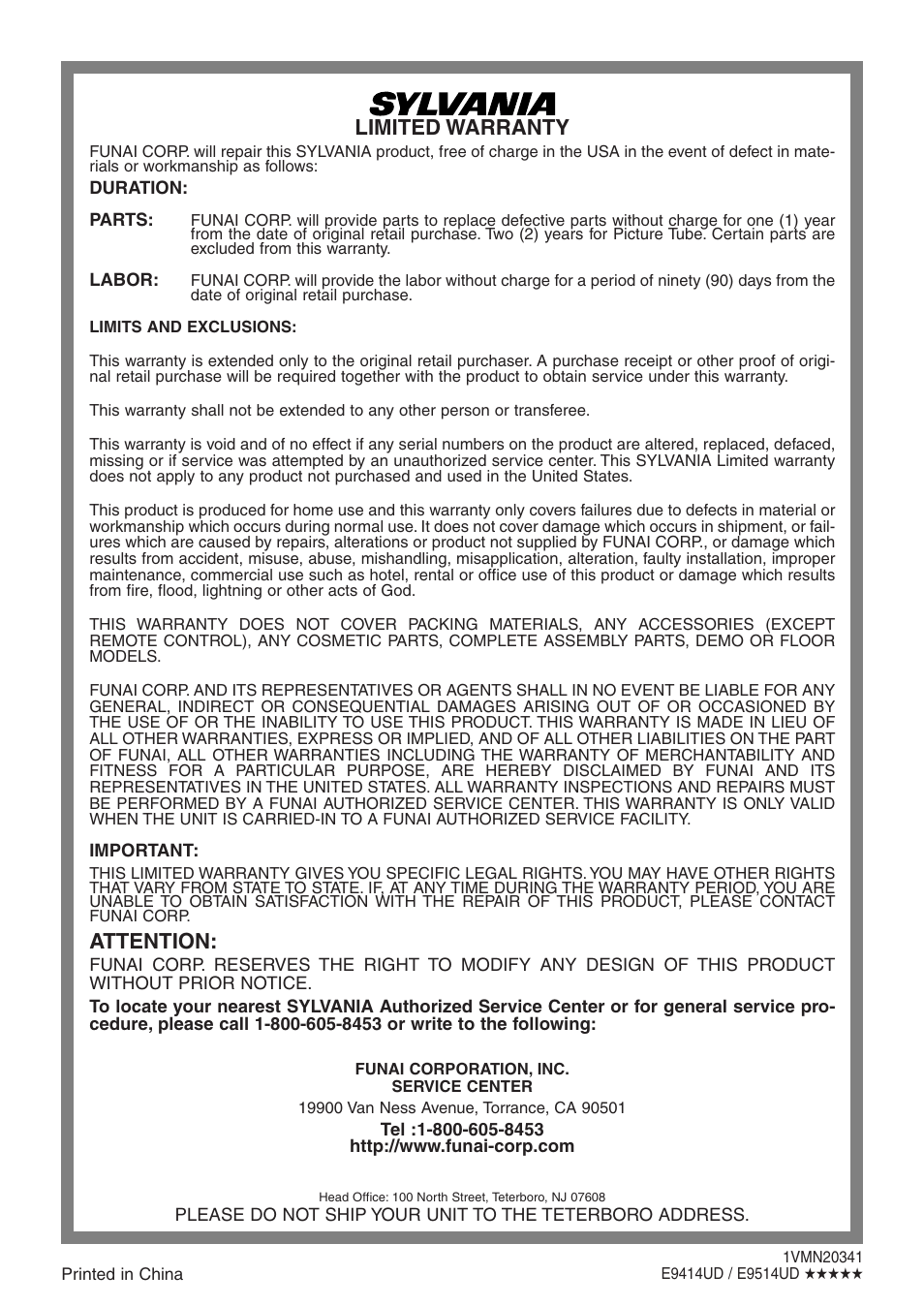 Limited warranty, Attention | Sylvania SSR90V4 User Manual | Page 108 / 108