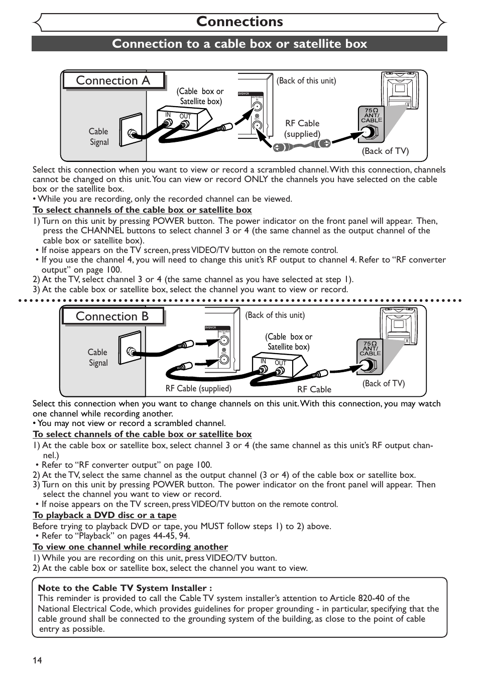 Connections, Connection a, Connection to a cable box or satellite box | Connection b | Sylvania SSR90V4 User Manual | Page 14 / 108