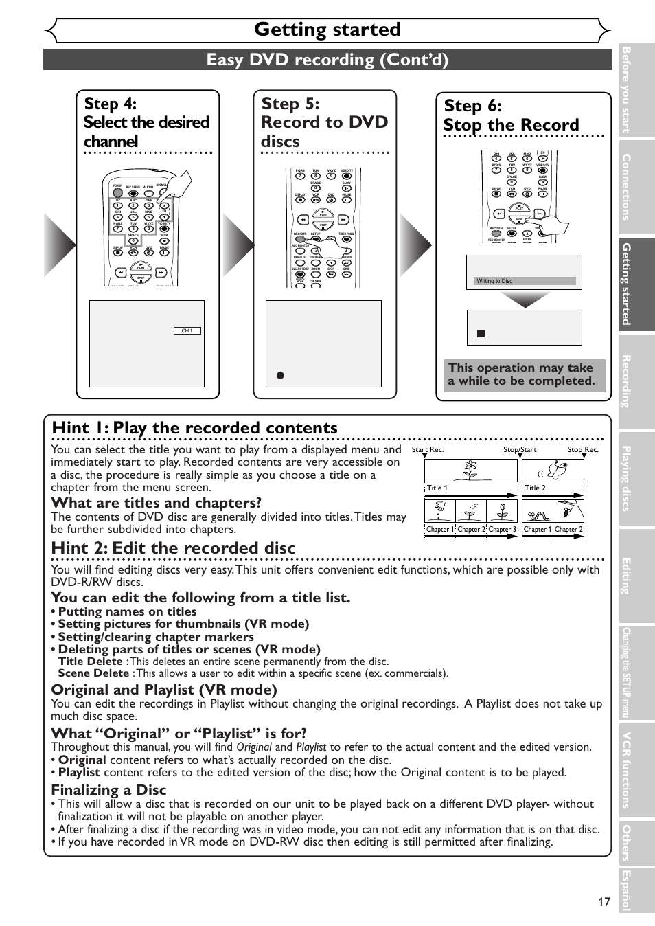 Getting started, Easy dvd recording (cont’d), Step 5: record to dvd discs | Step 4: select the desired channel, Step 6: stop the record, Hint 1: play the recorded contents, Hint 2: edit the recorded disc, What are titles and chapters, You can edit the following from a title list, Original and playlist (vr mode) | Sylvania SSR90V4 User Manual | Page 17 / 108